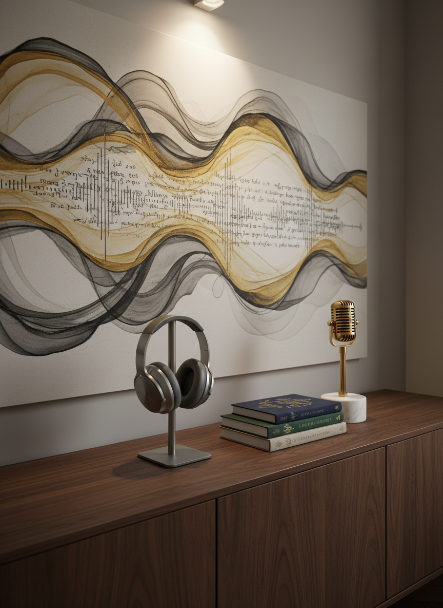 A minimalist, high-end listening and reading corner in a media studio: a low walnut sideboard supports a pair of sculptural headphones on a metal stand, a vintage-inspired microphone resting on a marble base, and a small stack of cloth-bound story collections with subtle foil stamping. Behind them, a large abstract wall artwork suggests sound waves becoming flowing lines of text in muted gold and charcoal. Soft, warm, indirect lighting from a concealed wall sconce bathes the scene, creating gentle gradients and a calm, contemplative atmosphere. Photographic realism, shot at eye level with moderate depth of field, conveys refined storytelling across audio and literary forms.