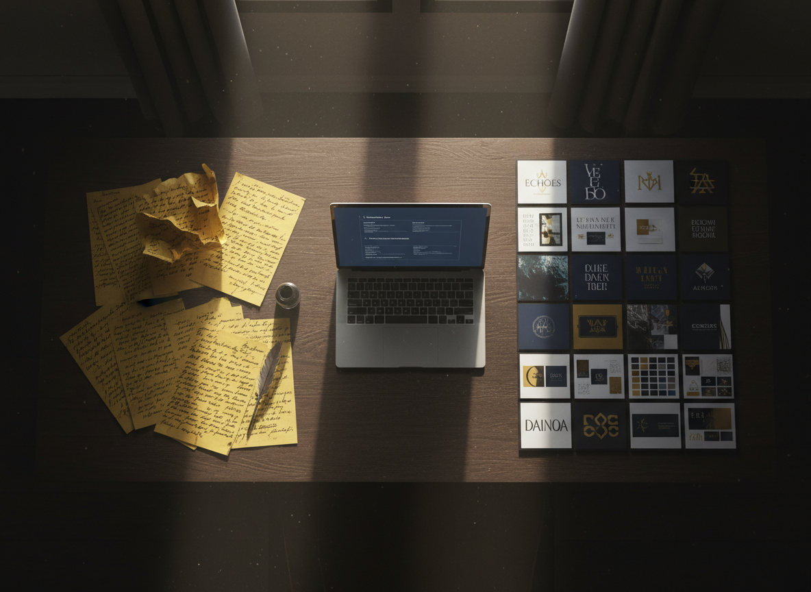 A dramatic cinematic overhead shot of a large dark-wood workspace with handwritten pages, a laptop, and visual branding concepts arranged with precision.