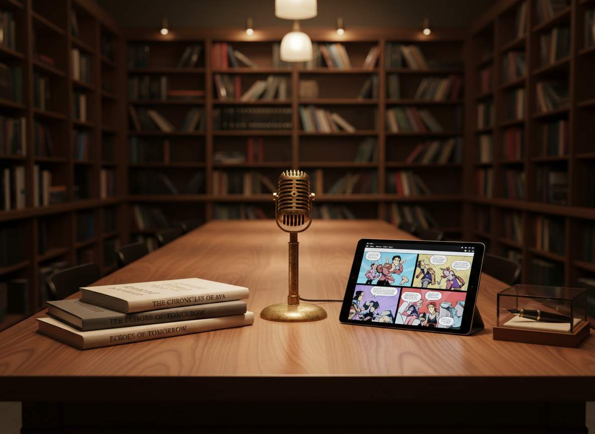 A long walnut storytelling table covered in carefully arranged creative artifacts: a vintage brass microphone, a stack of linen-bound manuscripts with embossed titles, a sleek tablet displaying a glowing storyboard, and a small glass case holding a preserved fountain pen. The table sits in a dark, book-lined studio with towering shelves fading into soft blur. Warm, directional overhead lighting creates pools of light on the wood grain and gentle shadows between objects, evoking quiet focus. Photographic realism from a slightly elevated angle, with shallow depth of field, conveys a sophisticated media studio where stories are transformed into lasting legacies.