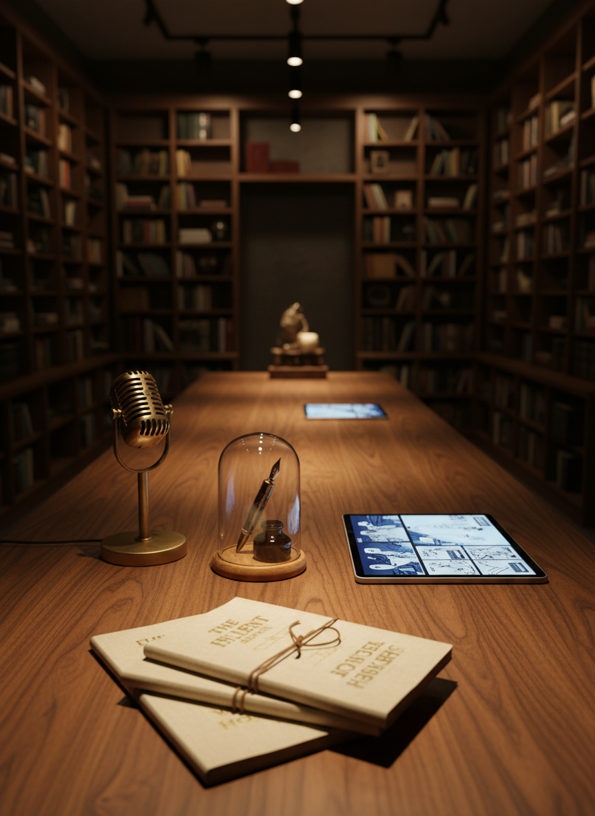 A long walnut storytelling table covered in carefully arranged creative artifacts: a vintage brass microphone, a stack of linen-bound manuscripts with embossed titles, a sleek tablet displaying a glowing storyboard, and a small glass case holding a preserved fountain pen. The table sits in a dark, book-lined studio with towering shelves fading into soft blur. Warm, directional overhead lighting creates pools of light on the wood grain and gentle shadows between objects, evoking quiet focus. Photographic realism from a slightly elevated angle, with shallow depth of field, conveys a sophisticated media studio where stories are transformed into lasting legacies.
