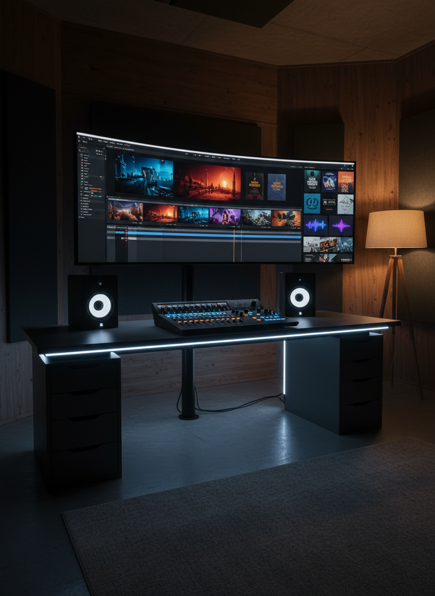 An elegant, dimly lit editing suite featuring a wide, ultra-high-resolution screen displaying a cinematic timeline of a narrative film, rich with color-graded scenes. Beside it, a second monitor shows a mosaic of book covers, podcast waveforms, and brand mood boards symbolizing multiplatform storytelling. A matte-black control surface with glowing dials rests on a charcoal desk, flanked by sculptural studio speakers. Cool, focused LED strip lighting outlines the desk edges, contrasting with a warm floor lamp in the corner. Shot at eye level with a wide lens, sharp focus throughout, the mood is sophisticated, meticulous, and visionary, emphasizing professional media production and story refinement.