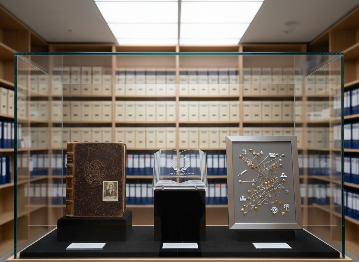 A polished glass display case in a quiet, contemporary archive room showcasing three distinct artifacts: a leather-bound family memoir, a sleek acrylic award shaped like an open book, and a framed abstract visual timeline made of metallic lines and icons.