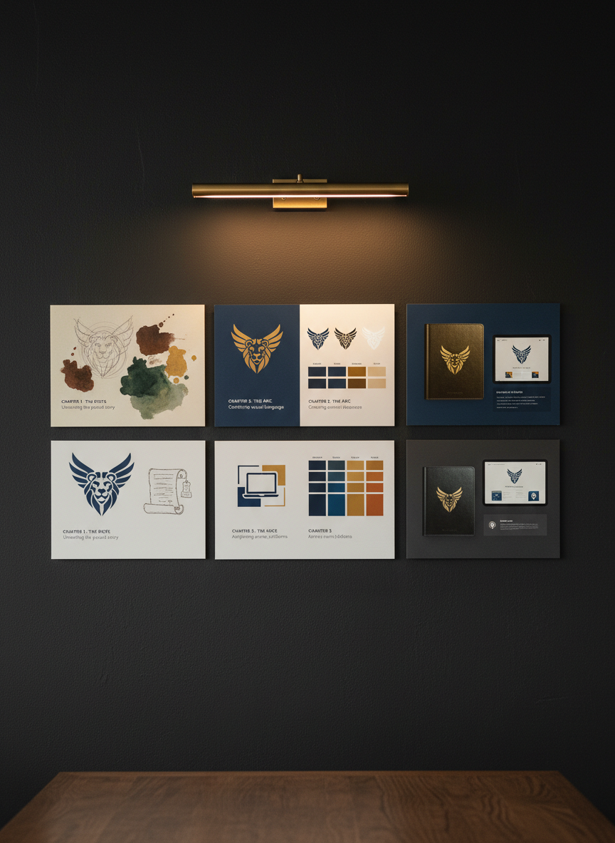 A sophisticated brand transformation storyboard mounted on a textured charcoal wall: a sequence of mounted panels shows an evolving logo, color palettes, and evocative imagery transitioning from rough sketch to polished identity. Interwoven among them are printed narrative excerpts and abstract icons of books, screens, and microphones. A slender brass picture light above casts a warm, focused beam, drawing out the subtle textures of paper and ink. The foreground edge of a dark oak conference table is slightly visible at the bottom of the frame, blurred. Photographic realism with a straight-on composition captures the artistry and strategy behind turning a story into a distinct, enduring brand.